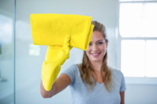 Professional cleaner working in an Ealing apartment bathroom